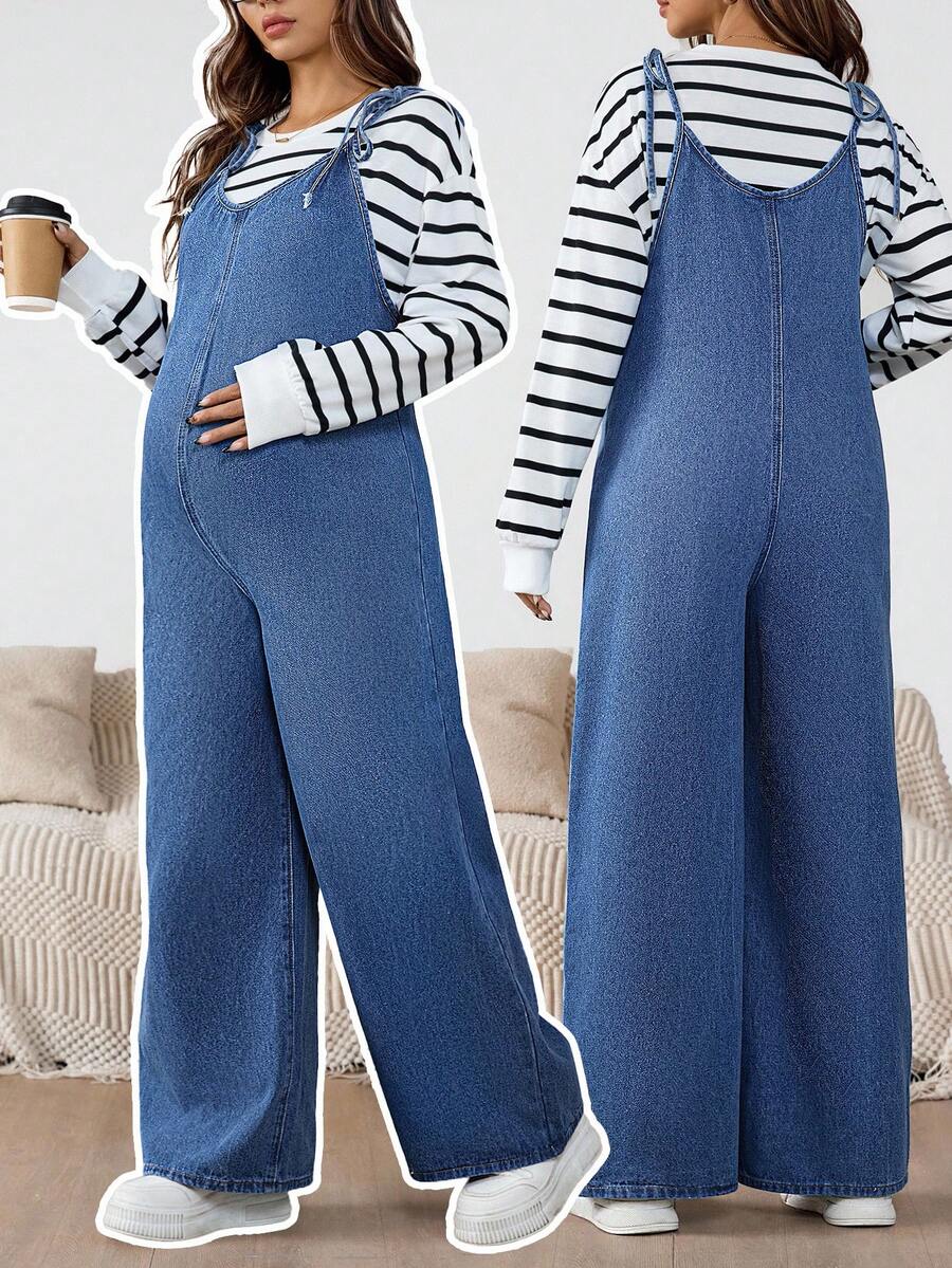 SHEIN Pregnant Fall Autumn Winter Halloween Christmas New Year Commuting Vacation Travel Old Money Style Fashionable Solid Retro Washed Women's Solid Color Knotted Strap Casual Denim Bib Pants And Blue Jumpsuit Women's Maternity Denim Overalls Adjustable Strap Wide Leg Jeans For Pregnancy Comfort