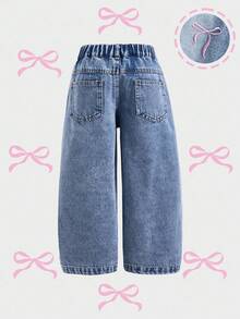 Mädchen Relaxed Fit Gerade Bein Jeans mit süßer rosa Schleife Stickerei, 5-Taschen Allround Design, Lässig, Komfortabel, Modisch für Frühling/Herbst - Mittele Waschung - Übersicht 2