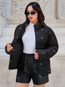 SHEIN Tall 高腰剪裁钻石细节羽绒冬季大衣 - 黑色 - 查看 4