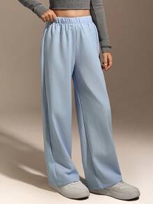 Hanevo Tween Girl 1pc Textured Fabric White Casual Comfortable Long Pants, Summer New Arrival - Mint Blue - View 7