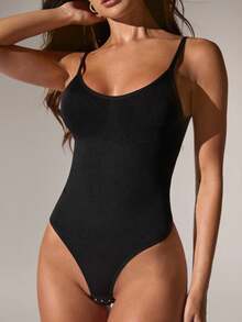 SHEIN BAE Women's Solid Slim Strap Shapewear Bodysuit - Black - View 1