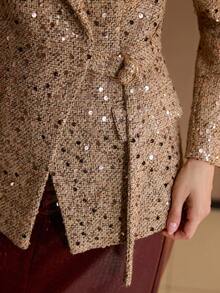 MOTF PREMIUM SEQUINS LAPEL COLLAR D-RING BELT COAT - Khaki - View 2