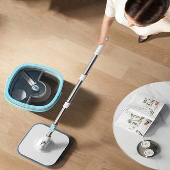 2PCS Spin Mop And Bucket Set Rotating Floor Cleaning System Hands Free Wringing Wet Dry Mop Hard Floor Cleaner For Home Kitchen Bathroom Tile Wood Laminate Floors Housekeeping Supplies Must Have