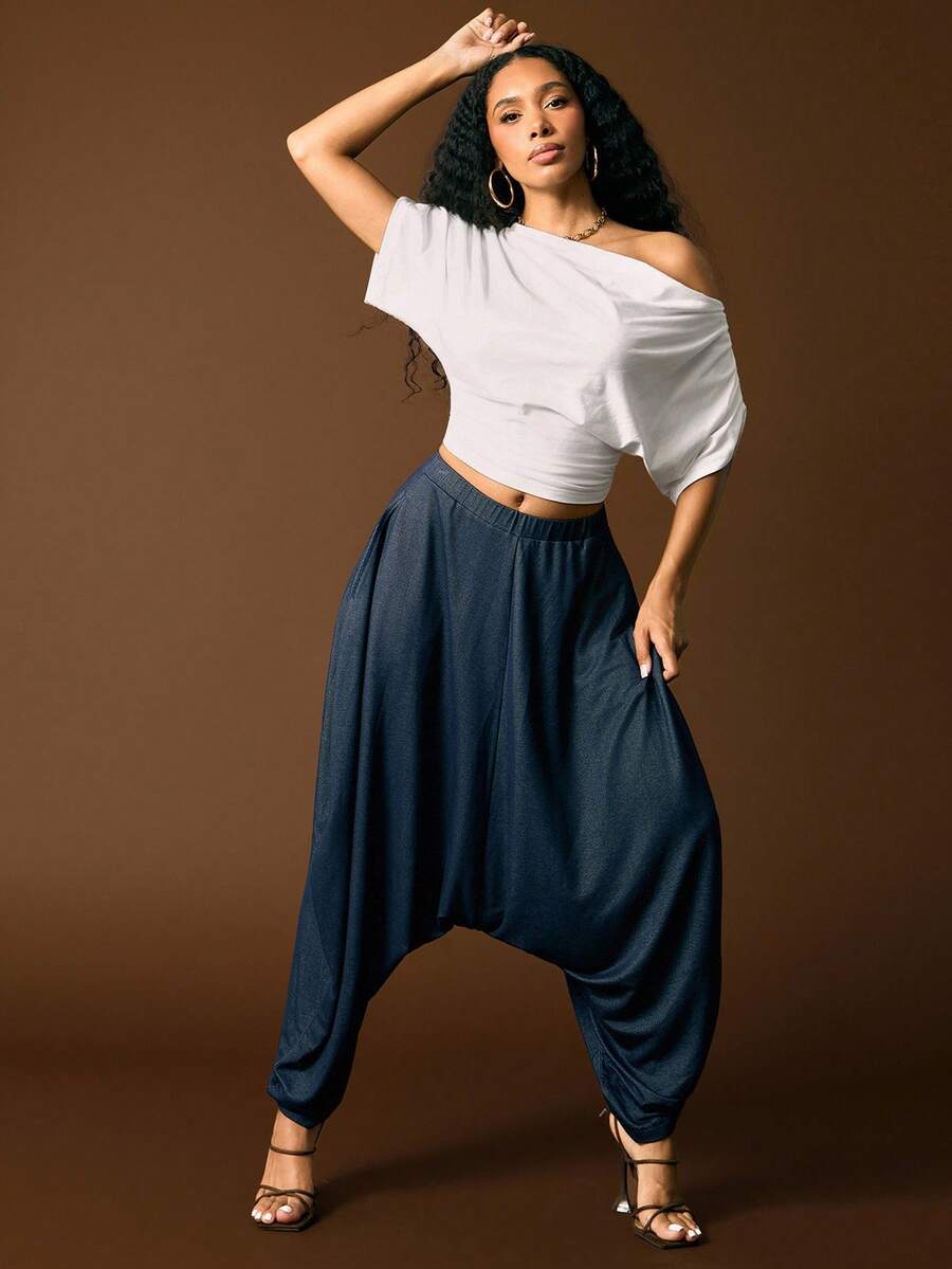 Vixey 松紧腰带隐形口袋筒形裤 - 藍色 - 查看 1