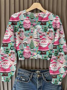 EMERY ROSE 女士圣诞树、圣诞老人和礼物印花 V 领针织毛衣、休闲 V 领套头衫，适合日常和节日穿着，圣诞礼物 - 彩色 - 查看 1