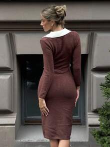 Pariaura French Collar Fitted Color Block Sweater Dress For Women - Coffee Brown - View 6