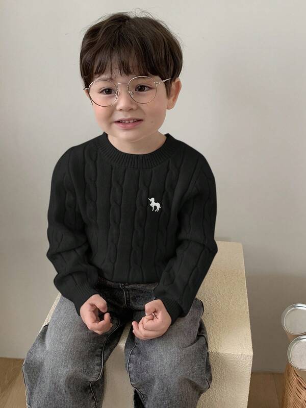 DAZY كنزة صوفية صبيان صغار بياقة طاقم وتصميم كابل مفتول مطرزة برسوم كرتونية بلون أحادي