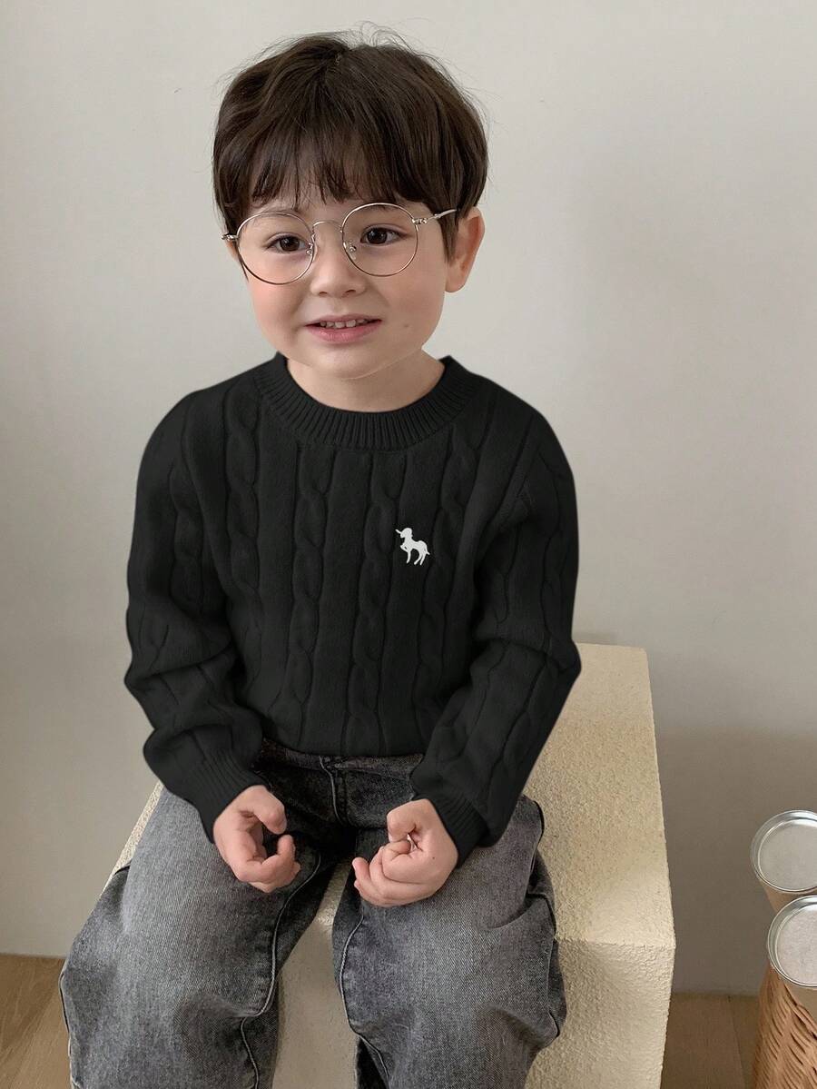 DAZY Toddler Boys' Crew Neck Cable Twist Cartoon Embroidery Solid Color Sweater - Black - View 1