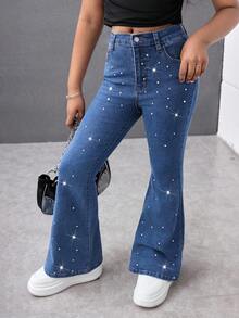 少女 Y2K 春夏假期纯色水洗优雅高腰水钻弹力牛仔喇叭裤，毛边下摆，少女夏季海滩波西米亚风度假喇叭裤，夏季音乐会节日休闲狂欢装，少女夏季早午餐教堂毕业装，街头服饰，返校装 - 中等水洗藍 - 查看 6