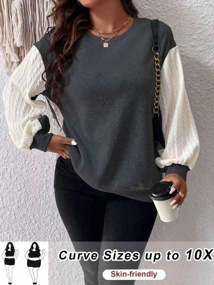 SHEIN CURVE+ Plus Size Contrast Color Patchwork Cable Knit Sleeve Sweatshirt Winter - Grey - View 1