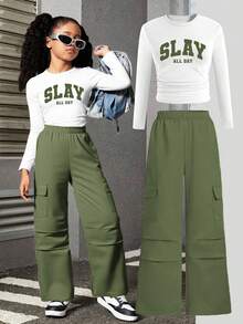 Sparklyn 2 件 Tween Girls“SLAY ALL DAY”图案印花紧身长袖上衣和直筒工装裤套装，街头风格，适合秋冬季 - 綠色 - 查看 1