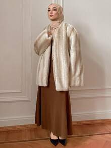DAZY Women's Fluffy Colorblock Loose Casual Business Jacket, Elegant For New Year, Christmas, Wedding Party, Autumn/Winter Women Coats Modest Fashion - Beige - View 11