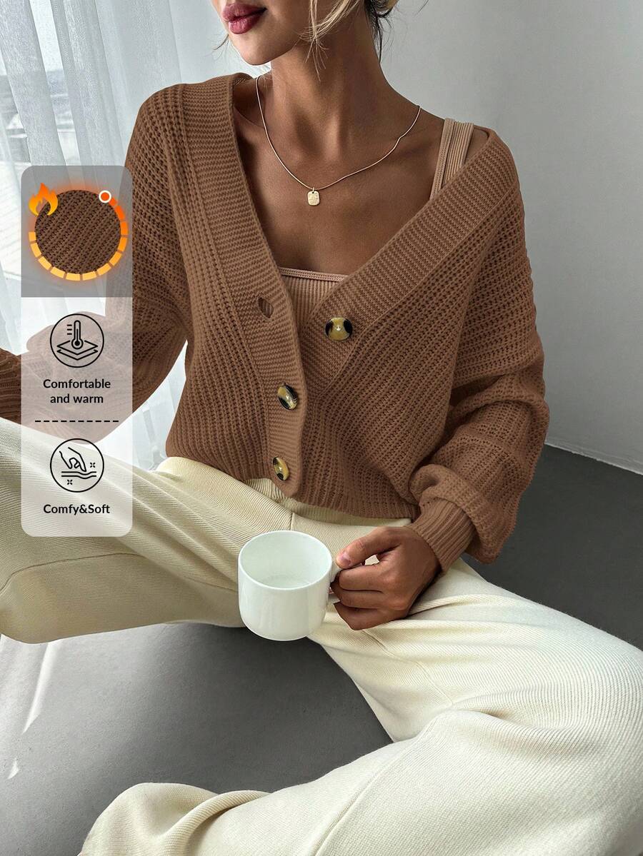 EURMUSE Women's Solid V-Neck Button Front Long Sleeve Cardigan - Brown - View 1