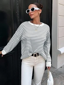 EURMUSE Women's Stripe Drop Shoulder Sweater - Grey - View 4