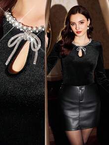 Vintamour Vintage elegantes Damen T-Shirt mit Samt, Perlen, Strass-Schleife, Lässig Langarm-Oberteil für Feiertage, Partys, Herbst, Winter, Halloween, Weihnachten, Neujahr - Schwarz - Übersicht 1