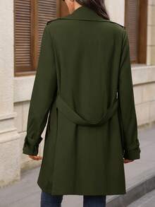 EMERY ROSE Women's Solid Color Lapel NeckLong Sleeve Double-Breasted Casual Commuter Trench Coat, Autumn - Army Green - View 2