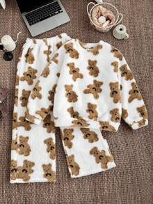 SHEIN 2pcs/Set Teen Girl Cute Bear Pattern Crew Neck Long Sleeve Top And Soft Fleece Pajama Pants, Comfortable Sleepwear Set For Autumn/Winter Fuzzy Pajamas Fluffy Pajamas Teen Girl Fluffy Matching Pjs Bear Clothes Teddy Bear Pajamas Fall Bear Print Pajamas Fluffy Pajama Pants - Mocha Brown - View 2
