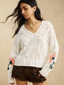 Easelle Casual Floral Embroidered Hollow Knit Sweater, Autumn Wool Pattern Autumn And Winter Sweater V-Neck White Embroidered Pattern