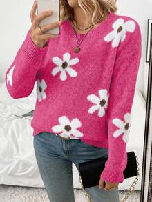 EMERY ROSE Women's Casual Fluffy Flower Pattern Round Neck Drop Shoulder Long Sleeve Knit Pullover Sweater, Autumn/Winter - Hot Pink - View 3