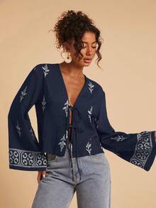 Travachic Áo cánh tay dài dáng rộng in họa tiết du lịch dành cho nữ - Màu xanh lam - Xem 5