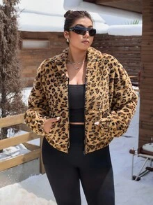 SHEIN EZwear Plus Size Leopard Print Zip-Up Hooded Jacket, Casual Everyday Winter Fall Autumn - Brown - View 11