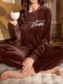 SHEIN Contrast Color Letter Embroidery Casual Velvet Sweatshirt And Pants Set, Winter Clothes, Cozy - Brown - View 5