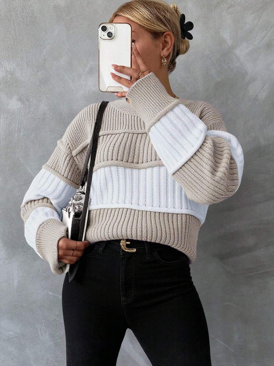 SHEIN Women's Color Block Drop Shoulder Sweater - Apricot - View 1