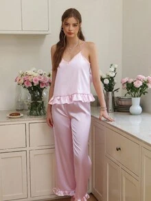 Snug Reverie 3件套女士仿丝吊带背心、裤子和睡袍睡衣套装，粉色荷叶边睡衣套装，浅粉色睡衣套装，新娘睡衣套装，秋冬服装 - 粉色 - 查看 4