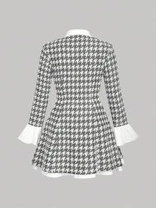 SHEIN MOD Đầm blazer dài tay bồng họa tiết răng cưa 2 trong 1 dành cho nữ cỡ lớn, thích hợp cho dịp năm mới, công sở, thanh lịch, sinh viên đại học. - Đen và trắng - Xem 2