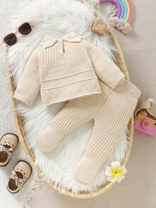 Baby Girls Ruffled Collar Long Sleeve Knitted Sweater&Matching Knitted Leggings 2 Pieces Set,Cream White,Autumn,Flowy,Family Matching Soft Outfit - Apricot - View 2