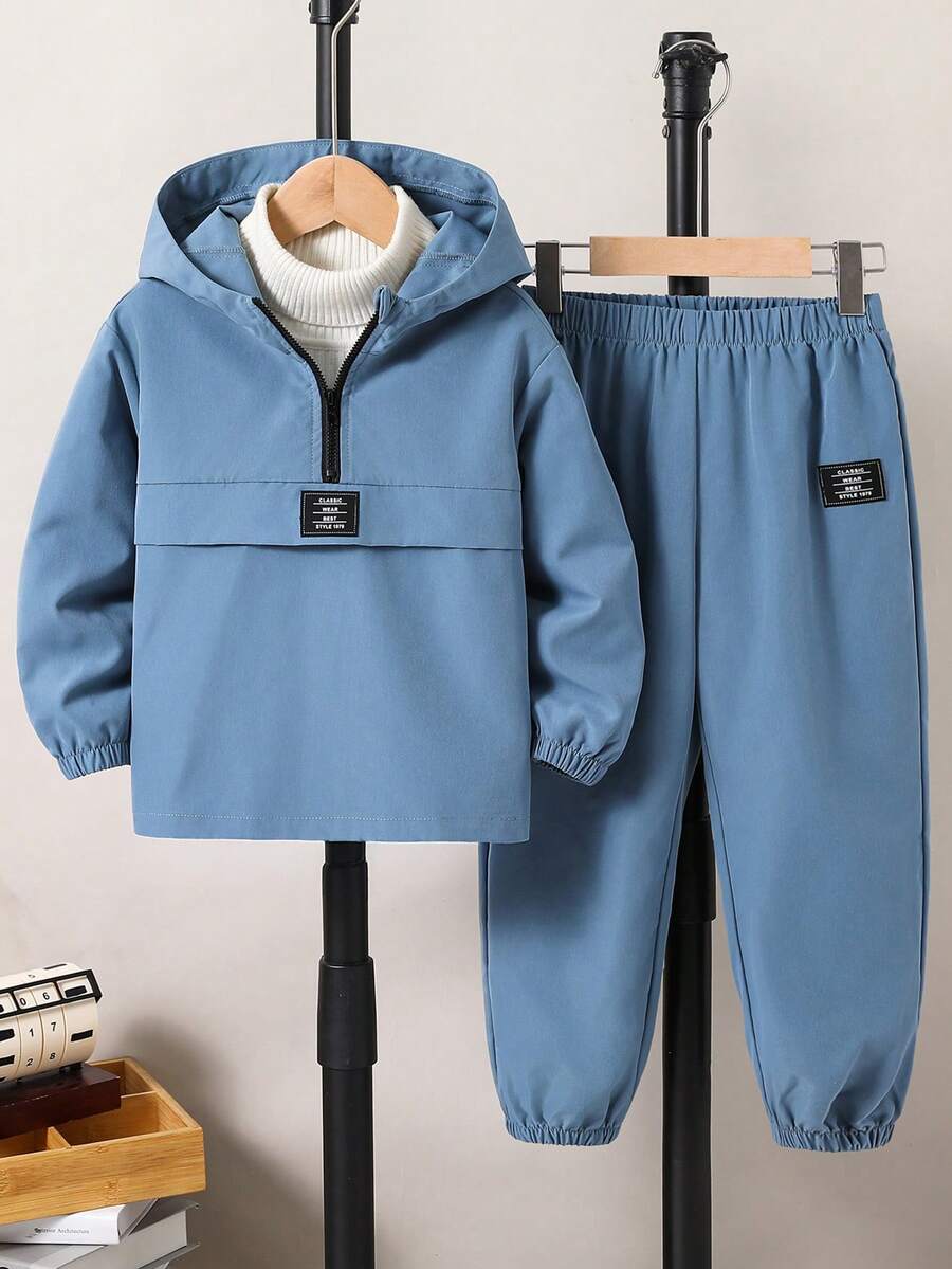 男童两件套春夏轻便套装，简约连帽长袖上衣，带抽绳踝带运动裤，时尚休闲两件套 - 霧霾藍 - 查看 1