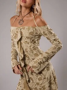 TRNVIE 1 件棕色做旧露肩荷叶边长袖休闲连衣裙，适合荒原风格女士，冬季 - 棕色 - 查看 7