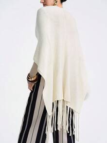 SHEIN LUNE 女士优雅纯色斗篷，宽松不对称下摆流苏针织毛衣，秋冬 - 杏色 - 查看 2
