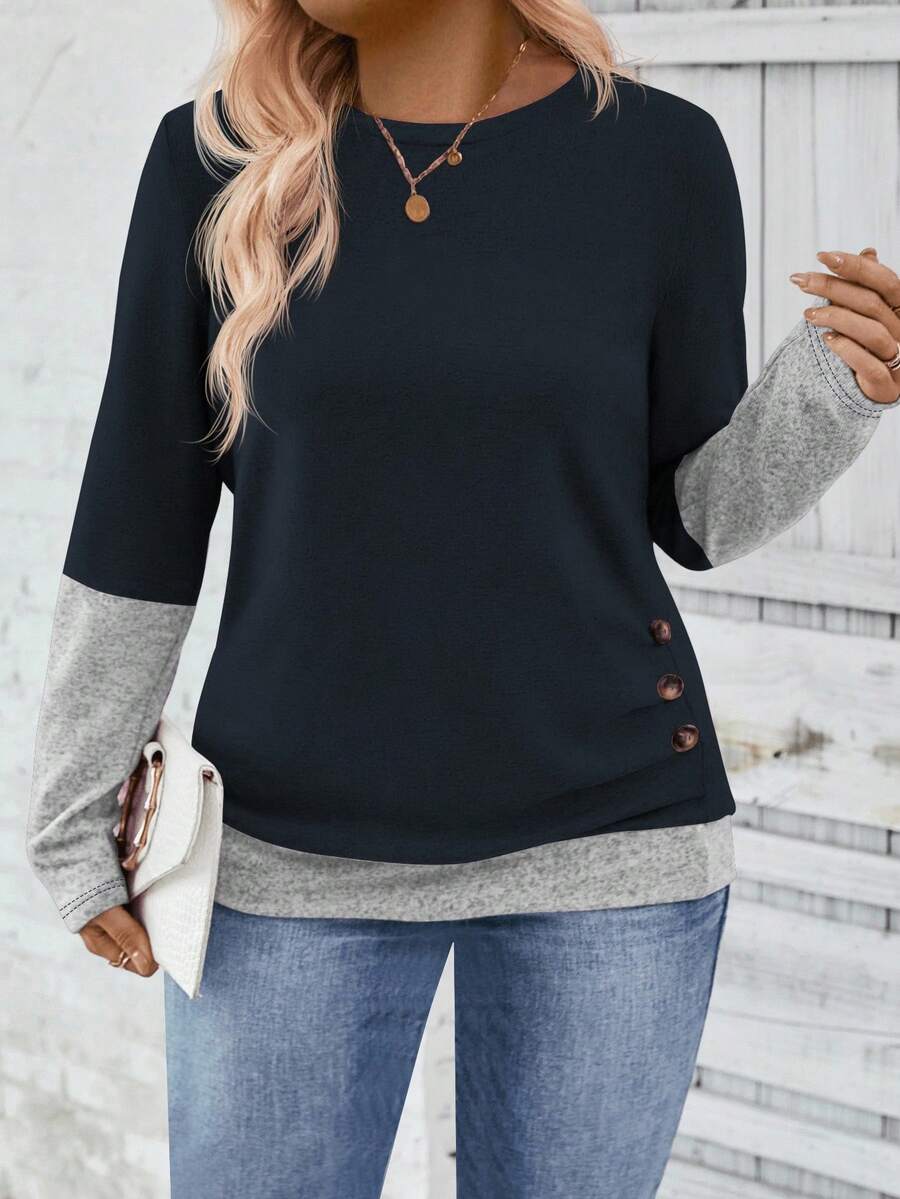 EMERY ROSE Women's Casual Round Neck Long Sleeve Side Pleated Large Button Decor Design Plus Size T-Shirt, Autumn/Winter - Navy Blue - View 1