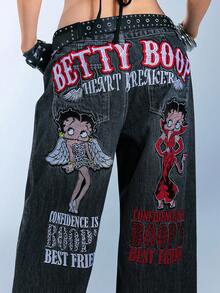 Betty Boop | ROMWE Y2K复古街头风 Betty & Letter 刺绣宽松低腰牛仔裤 - 藍色 - 查看 6