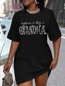 Maweii Plus Size Women's Rhinestone Slogan Graphic Short Sleeve Fitted Dress - Black - View 4