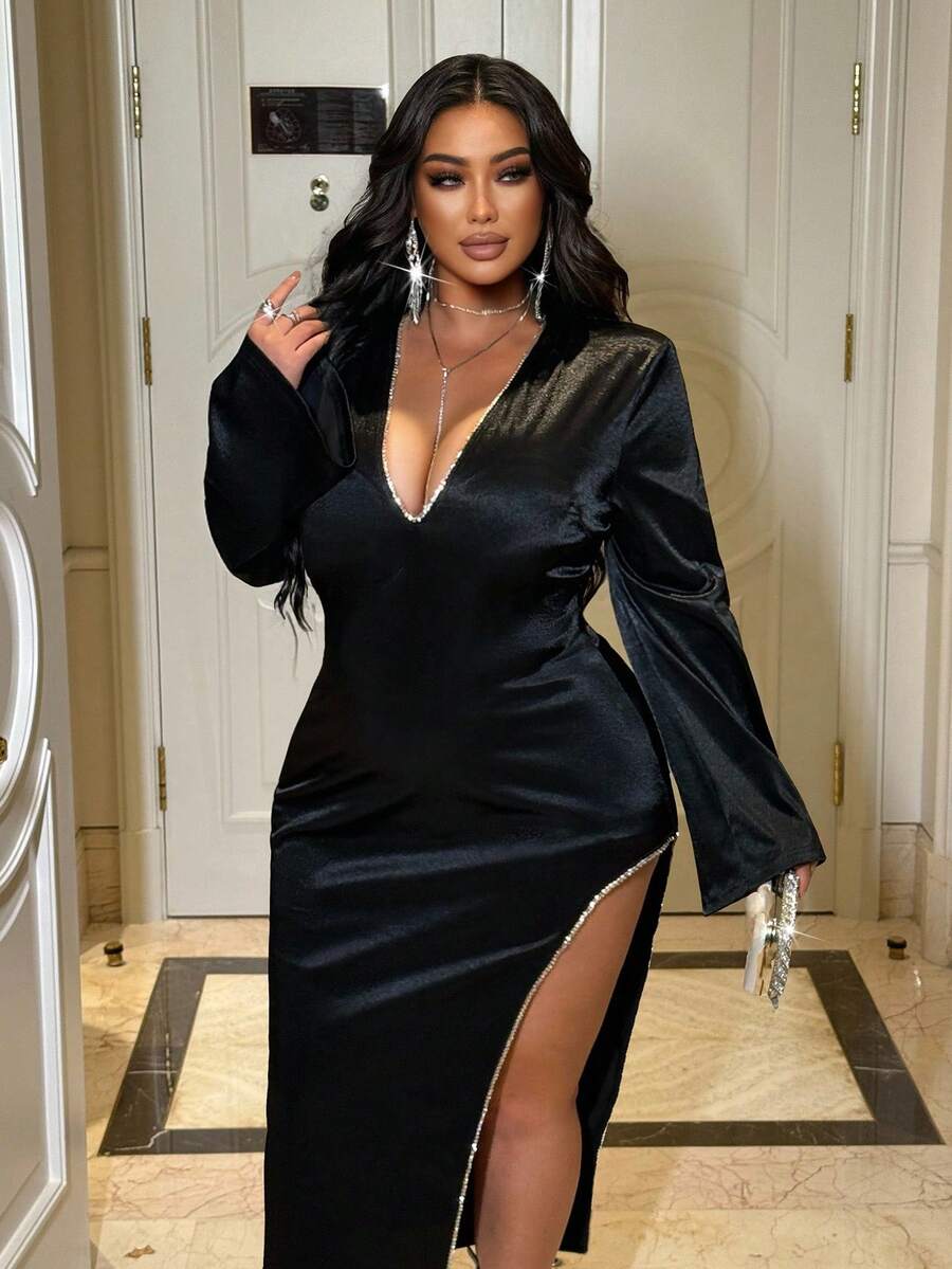 NU&NOW 大码长袖深V领开衩性感时尚优雅浪漫连衣裙 - 黑色 - 查看 1