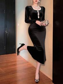 DAZY 女士优雅蕾丝拼布蝴蝶结天鹅绒中长连衣裙，秋季舞会礼服 - 黑色 - 查看 1