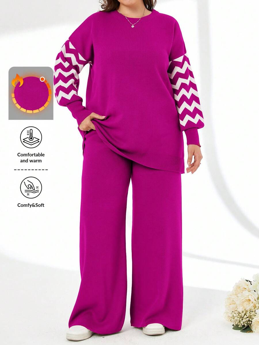 Striped Color Block Sweater And Pants Two Pieces Set - Hot Pink - View 1