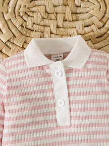 SHEIN 新生女宝宝夏季连体衣长袖粉色条纹领柔软连体衣秋冬装 - 粉色 - 查看 6