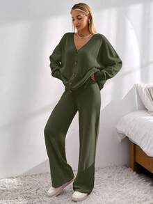 EURMUSE Drop Shoulder Cardigan & Tie Front Knit Pants - Army Green - View 5