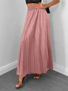 Women's Solid Color Elastic Waist Pleated Long Casual Skirt
