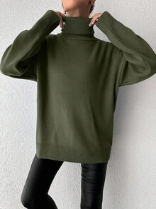EURMUSE Women's Solid High Neck Casual Pullover Sweater - Olive Green - View 3
