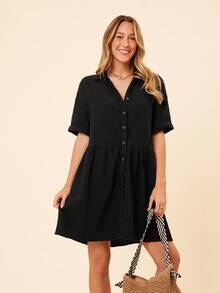 Coeurva Áo sơ mi mùa hè dáng rộng màu trơn dành cho nữ thường ngày có viền xù - màu đen - Xem 4