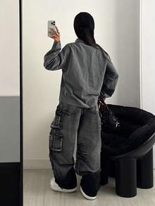 StreetHx Áo sơ mi tay dài in khẩu hiệu sọc đen trắng thường ngày dành cho nữ, mùa thu - Xám - Xem 2