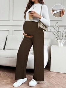 SHEIN 直筒、阔腿、休闲、优雅、孕妇、舒适孕妇裤 - 棕色 - 查看 5