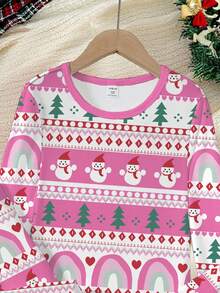 女童粉色圣诞雪人和圣诞树彩虹印花针织弹力面料舒适柔软圆领长袖上衣和紧身裤两件套睡衣套装 - 彩色 - 查看 3