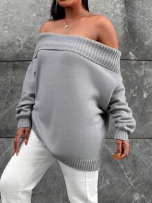 RueChic 大碼一字肩折邊套頭毛衣