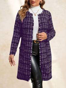 SHEIN Clasi Veste d'hiver pour femmes grandes tailles, manteau à manches longues avec motif tweed synthétique, ouverture devant, boutons perle et poches - Prune - Voir 5