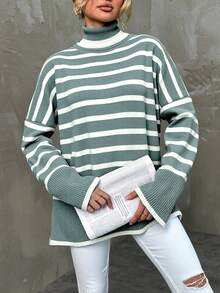 EURMUSE Striped Pattern Turtleneck Drop Shoulder Sweater - Green - View 3